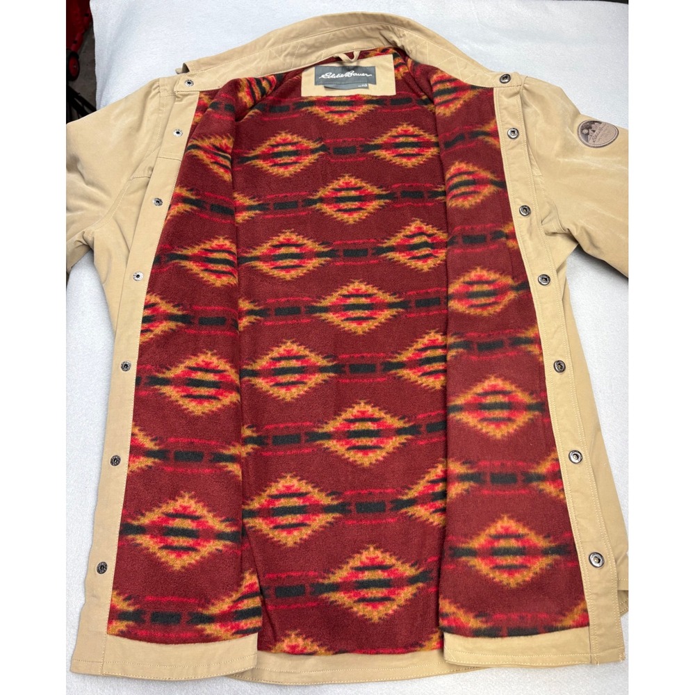 Eddie Bauer Mens L Tan Fleece Lined Snap Front Shirt Jacket Southwestern Pattern